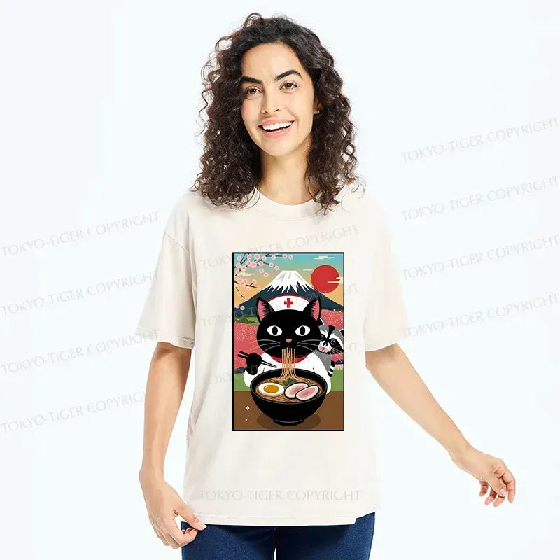 Washed Unisex Cat Ramen Tee for Summer