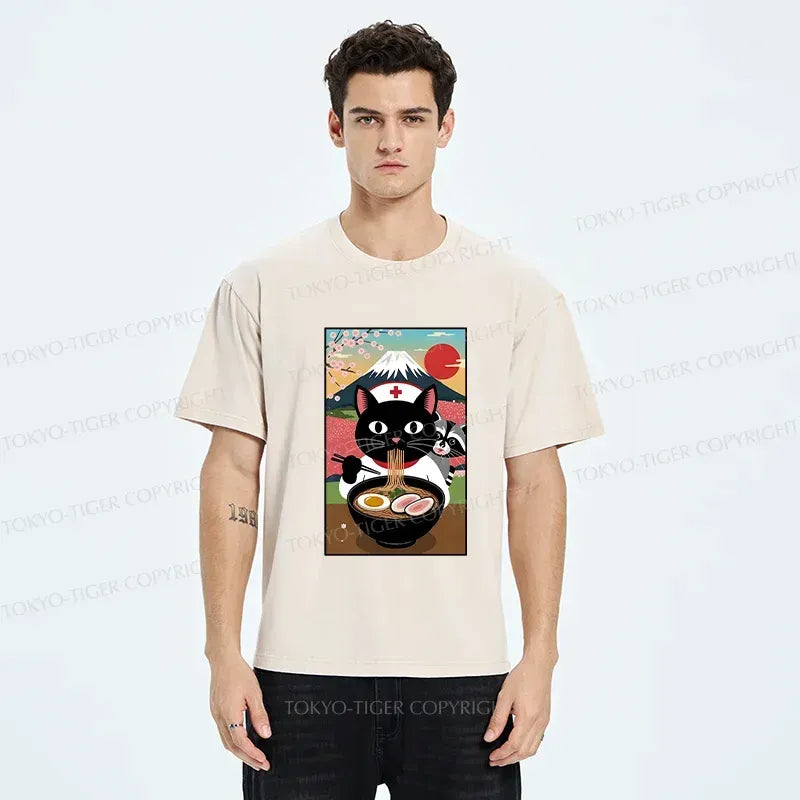 Kyoto-Lion Nurse Cat Eating Ramen Washed T-Shirt