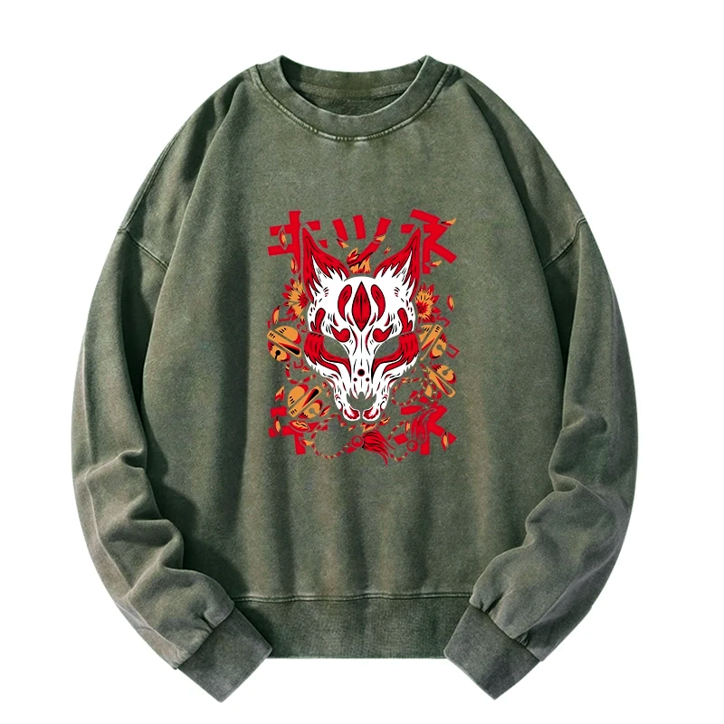 Kyoto-Lion Japanese Kitsune Mask Washed Sweatshirt