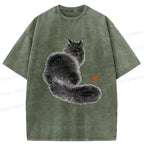 Japanese Fat Black Cat Washed T-Shirt