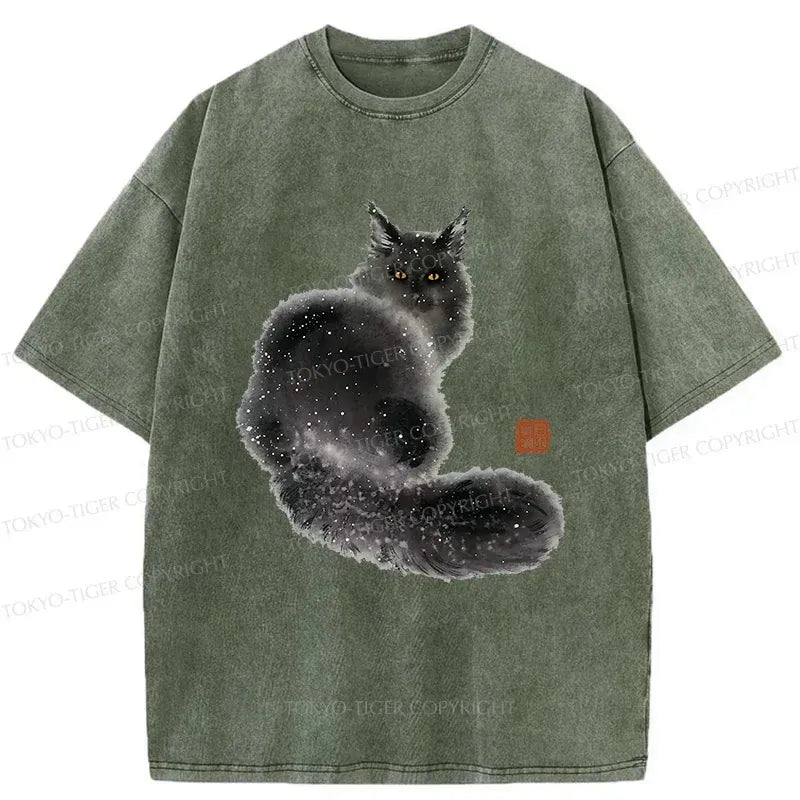 Japanese Fat Black Cat Washed T-Shirt