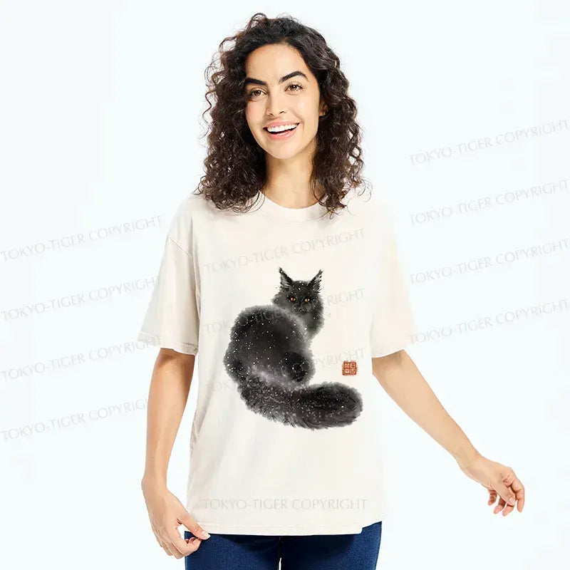 Japanese Fat Black Cat Washed T-Shirt