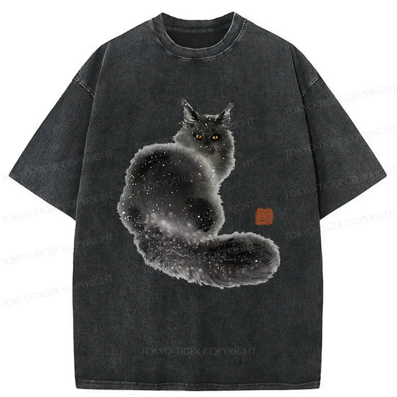 Japanese Fat Black Cat Washed T-Shirt