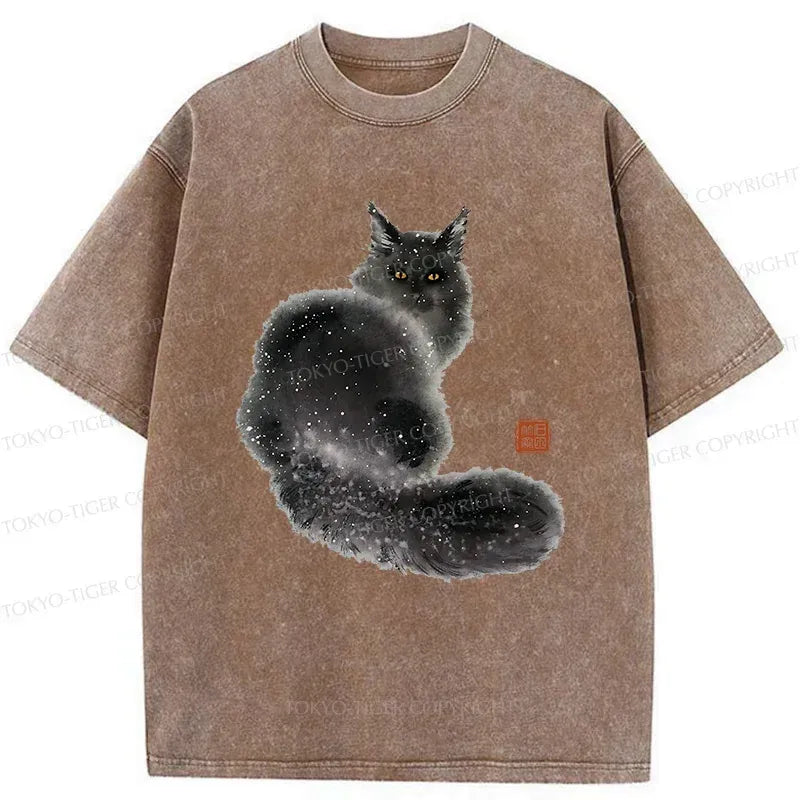 Japanese Fat Black Cat Washed T-Shirt