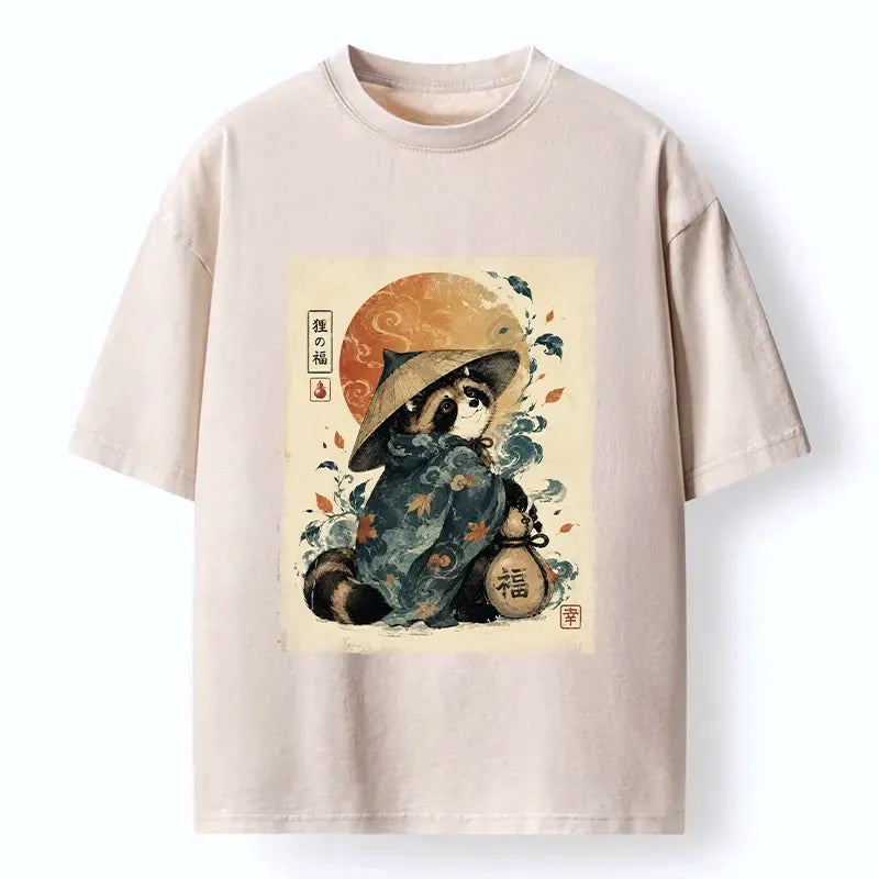 Kyoto-Lion Tanuki Hat Robe Fortune Bag Art Washed T-Shirt