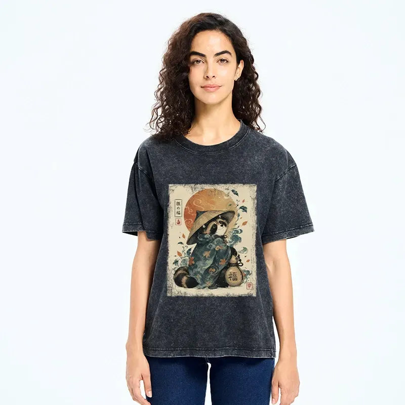 Kyoto-Lion Tanuki Hat Robe Fortune Bag Art Washed T-Shirt