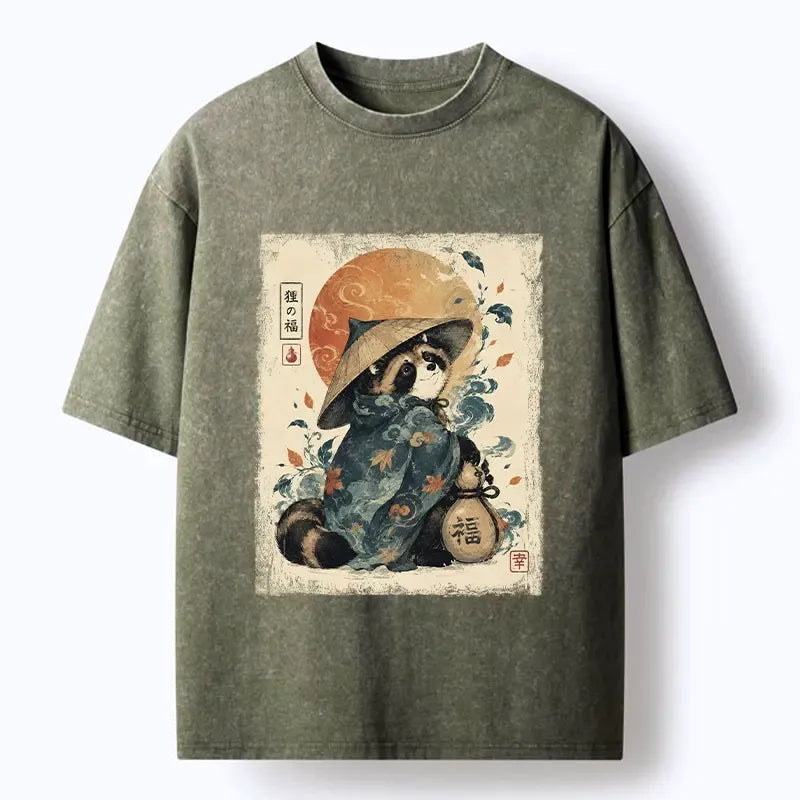Kyoto-Lion Tanuki Hat Robe Fortune Bag Art Washed T-Shirt