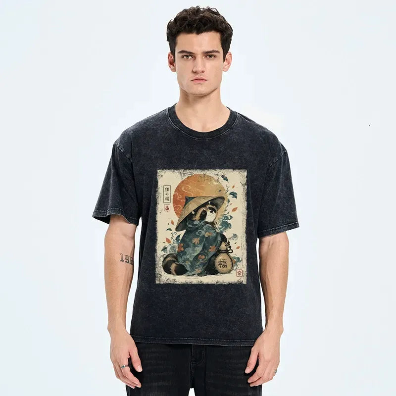 Japanese Tanuki Art Washed T-Shirt