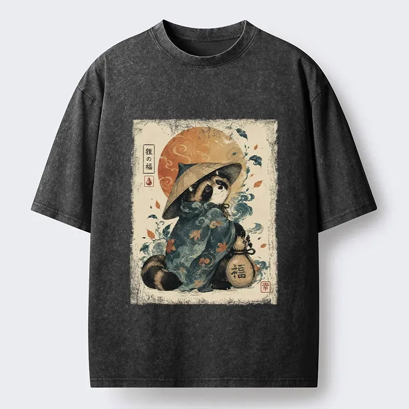 Kyoto-Lion Tanuki Hat Robe Fortune Bag Art Washed T-Shirt