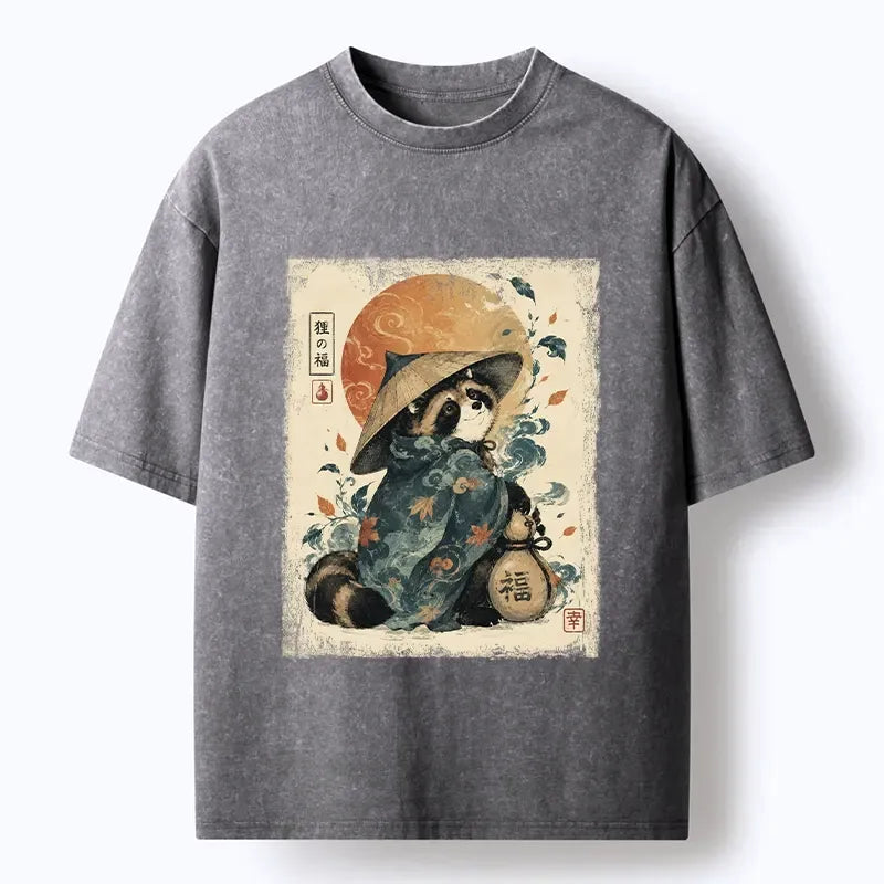 Japanese Tanuki Art Washed T-Shirt