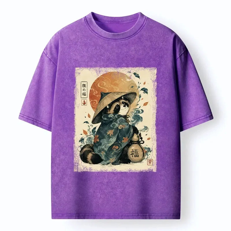 Kyoto-Lion Tanuki Hat Robe Fortune Bag Art Washed T-Shirt