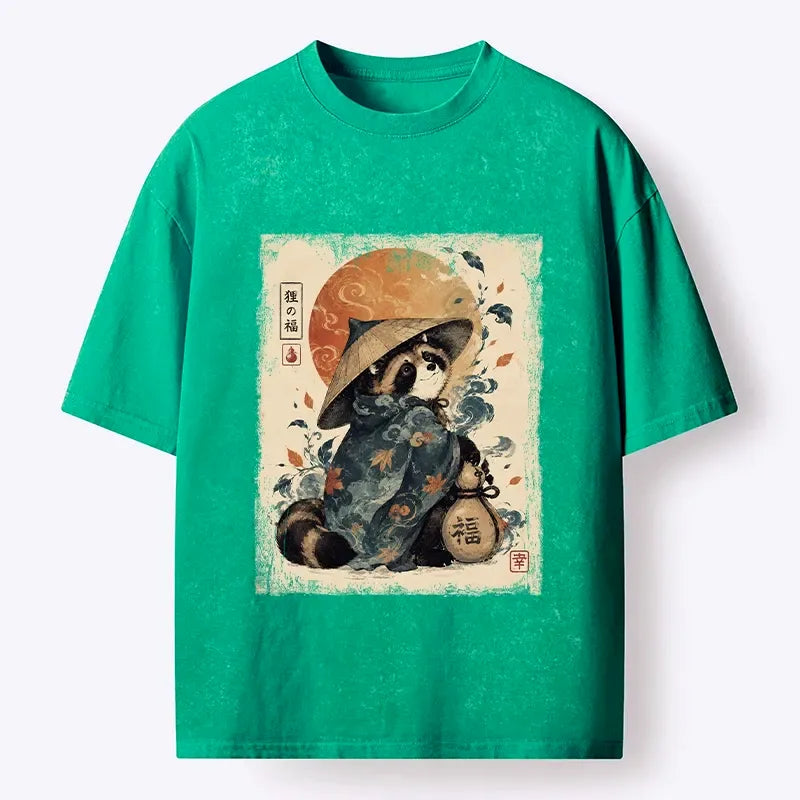 Japanese Tanuki Art Washed T-Shirt