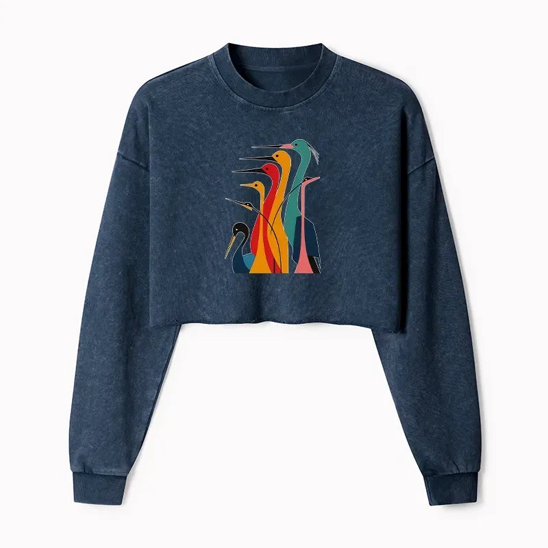 Kyoto-Lion Various Types Of Cranes Washed Crop Sweatshirt