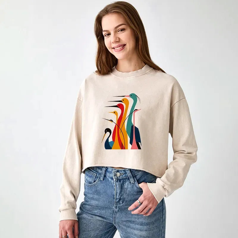 Kyoto-Lion Various Types Of Cranes Washed Crop Sweatshirt