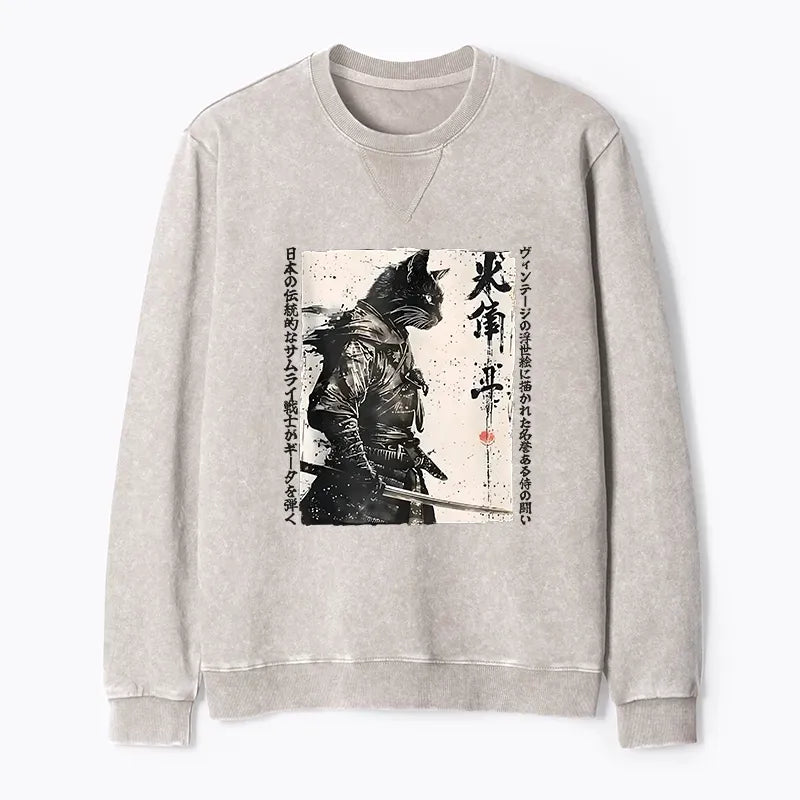 Kyoto-Lion Cat Samurai Retro Washed Terry Sweatshirt
