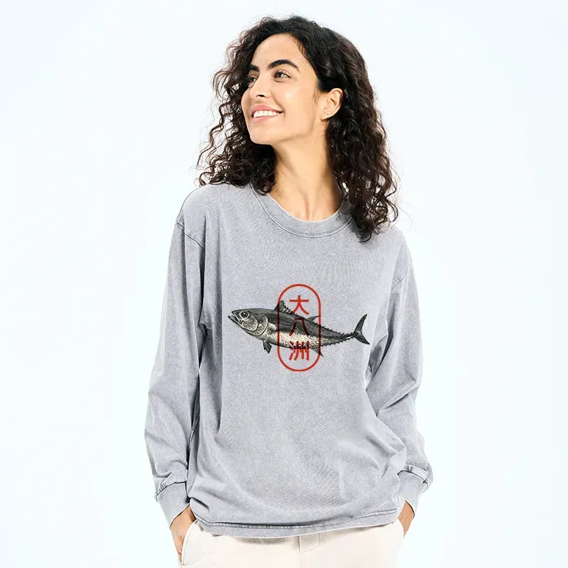 Kyoto-Lion Sushi Fish Washed Long Sleeve T-Shirt