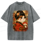 Kyoto-Lion Ukiyoe Japanese Cat Princess Washed T-Shirt
