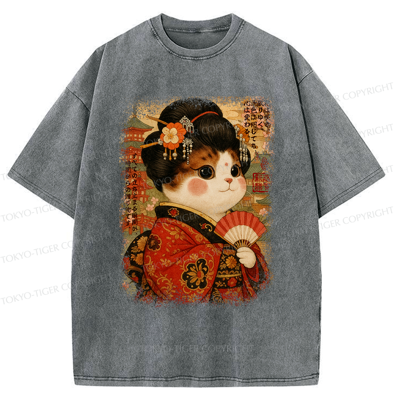 Kyoto-Lion Ukiyoe Japanese Cat Princess Washed T-Shirt