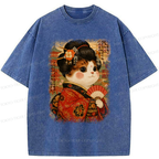 Kyoto-Lion Ukiyoe Japanese Cat Princess Washed T-Shirt