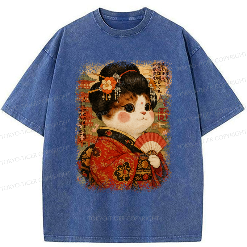Kyoto-Lion Ukiyoe Japanese Cat Princess Washed T-Shirt