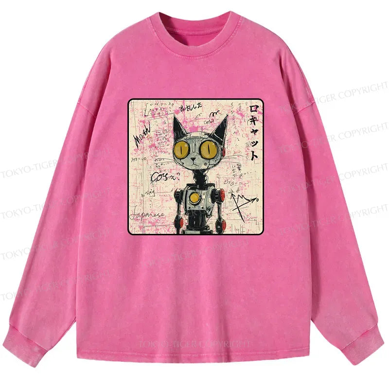 Kyoto-Lion Robot Cat Washed Long Sleeve T-Shirt