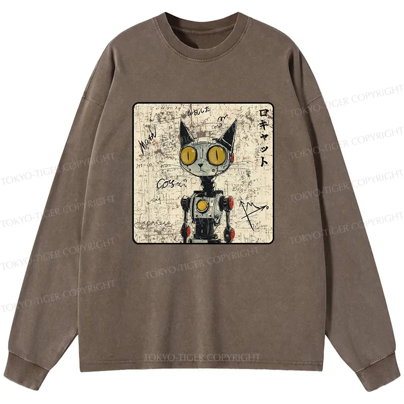 Kyoto-Lion Robot Cat Washed Long Sleeve T-Shirt
