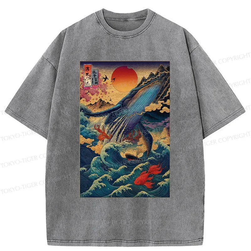 Japanese Ukiyoe Whale Washed T-Shirt
