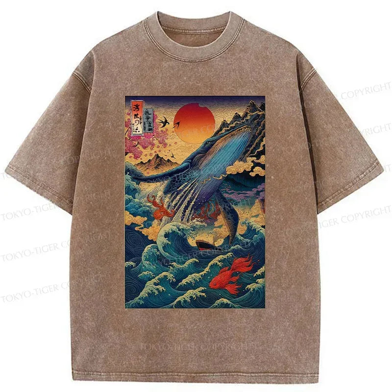 Kyoto-Lion Ukiyoe Whale Japan Washed T-Shirt