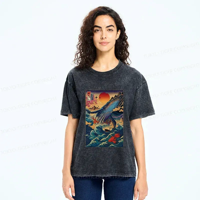 Kyoto-Lion Ukiyoe Whale Japan Washed T-Shirt