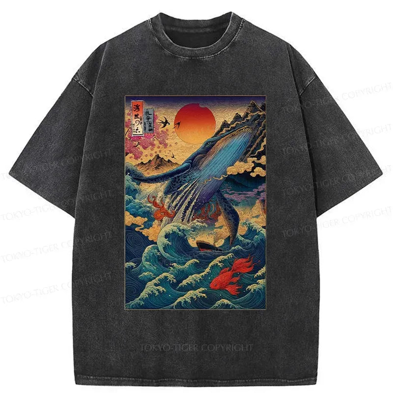 Japanese Ukiyoe Whale Washed T-Shirt