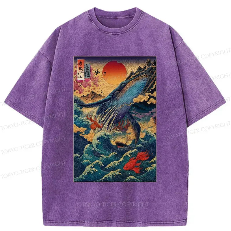 Japanese Ukiyoe Whale Washed T-Shirt