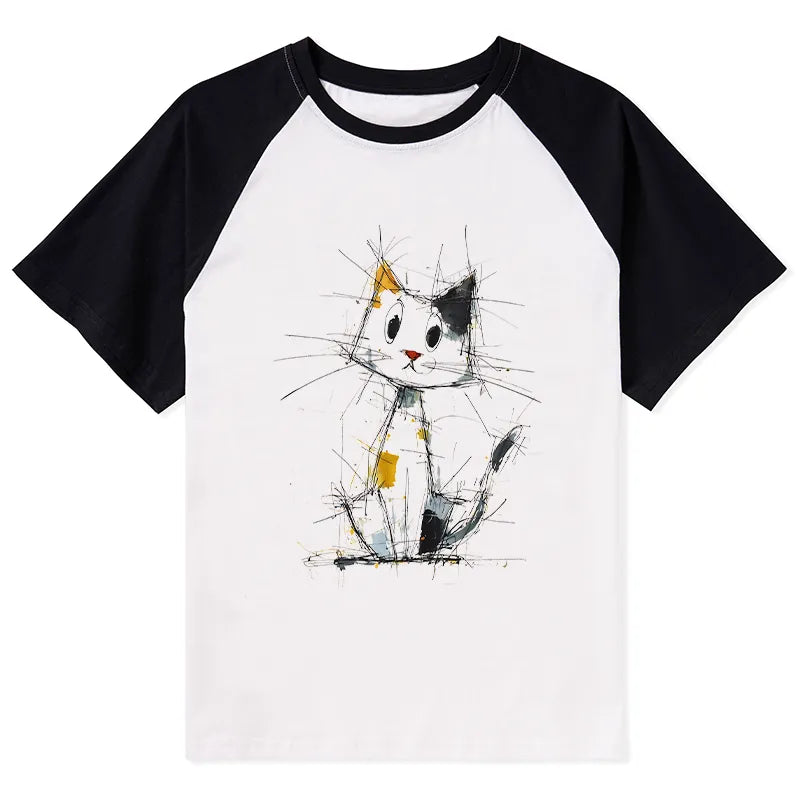 Kyoto-Lion Minimal Splash Ink Cute Cat Raglan T-shirt