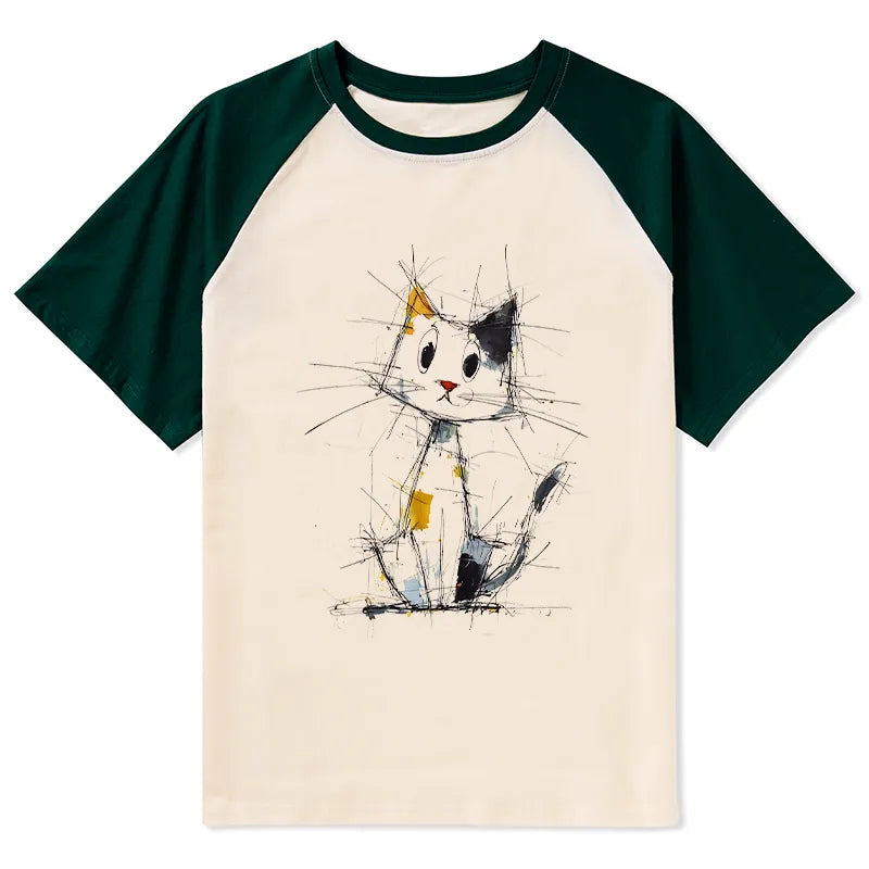 Kyoto-Lion Minimal Splash Ink Cute Cat Raglan T-shirt