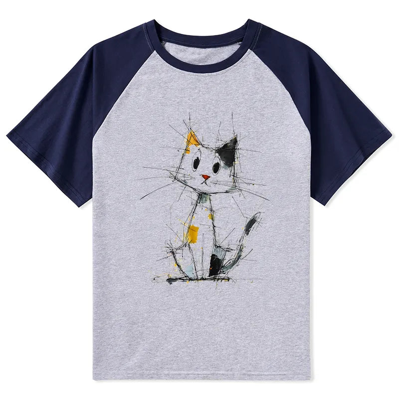 Kyoto-Lion Minimal Splash Ink Cute Cat Raglan T-shirt
