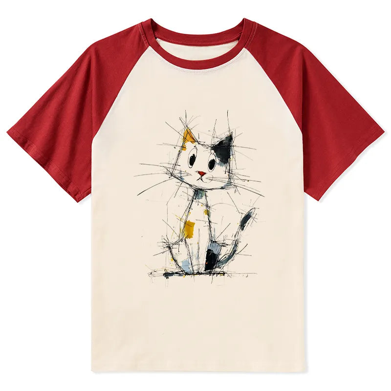 Kyoto-Lion Minimal Splash Ink Cute Cat Raglan T-shirt