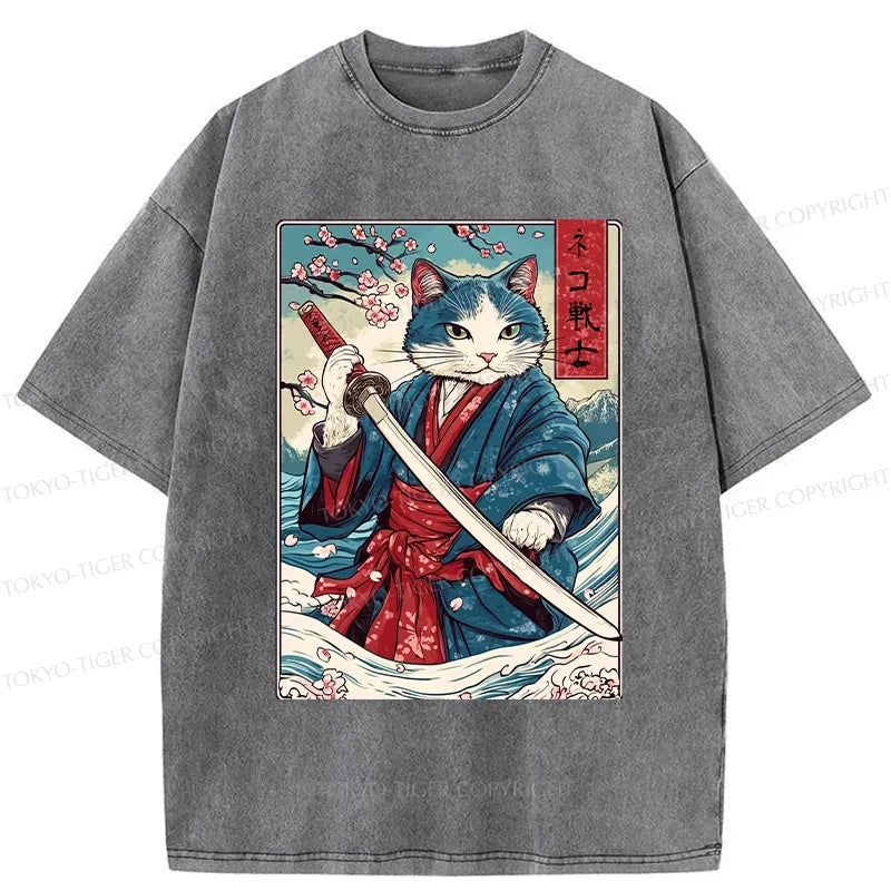 Kyoto-Lion Japanese Cat Samurai Washed T-Shirt