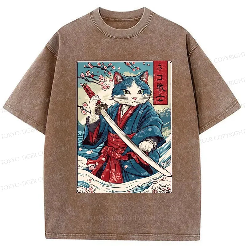 Kyoto-Lion Japanese Cat Samurai Washed T-Shirt