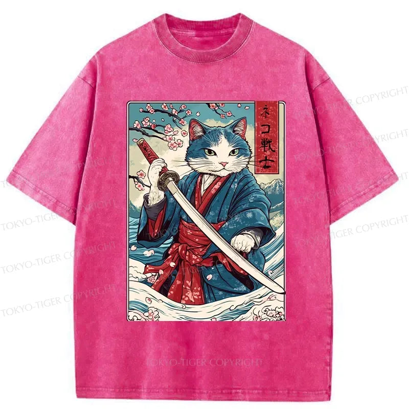 Washed Samurai Cat Tee Free Shipping