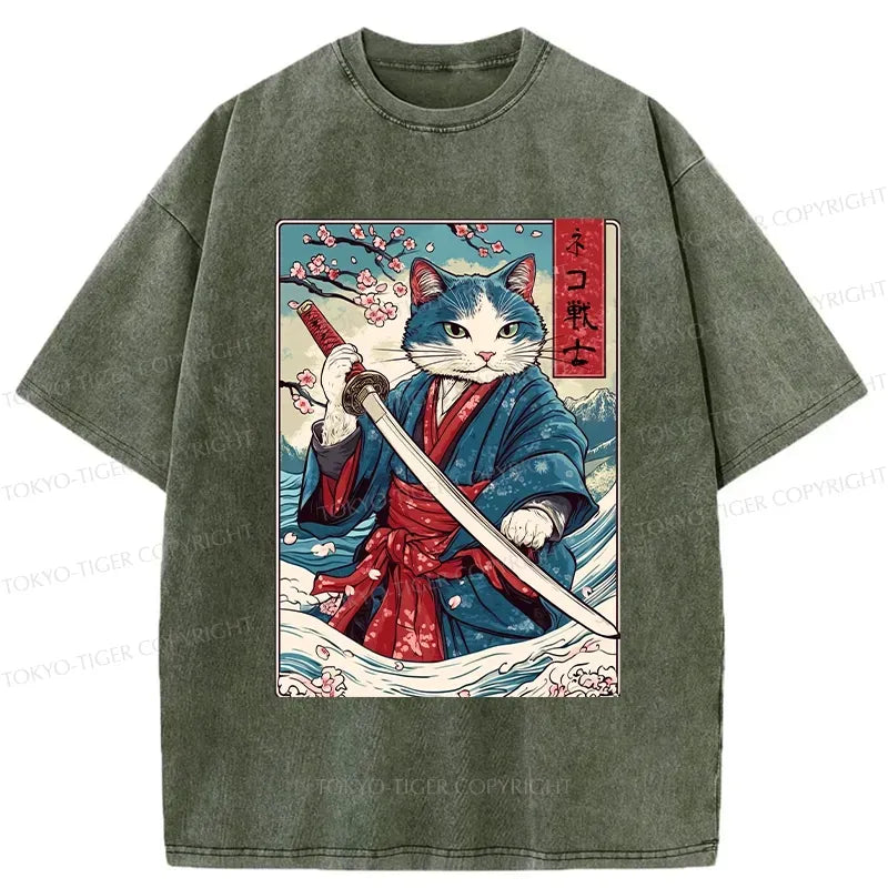 Washed Samurai Cat Tee Free Shipping
