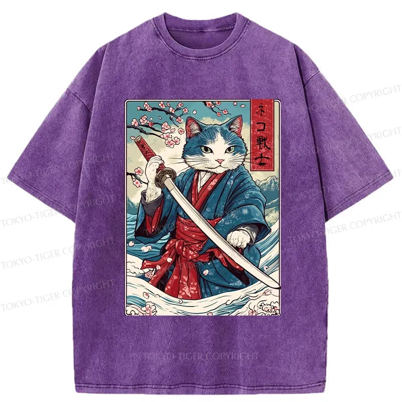 Kyoto-Lion Japanese Cat Samurai Washed T-Shirt