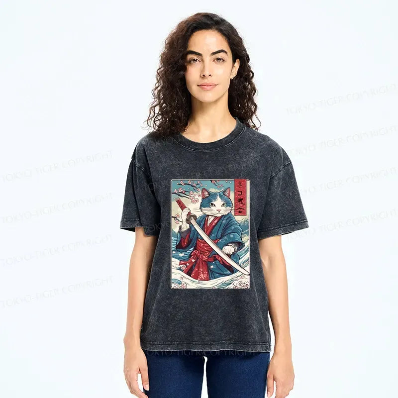 Kyoto-Lion Japanese Cat Samurai Washed T-Shirt
