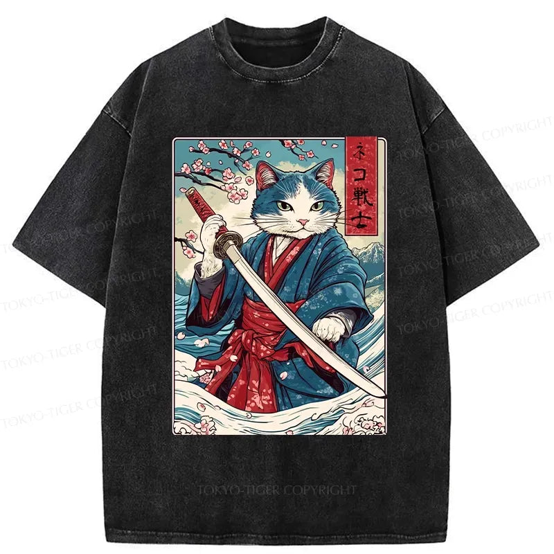 Washed Samurai Cat Tee Free Shipping