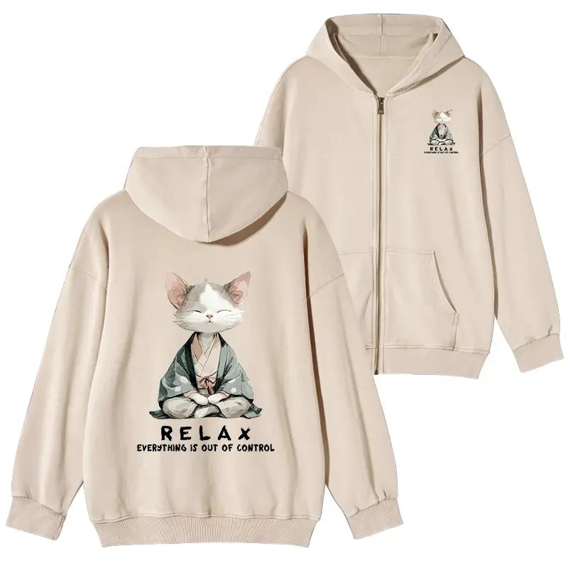 Kyoto-Lion Zen Cat Relaxation£¬Everything's Out Of Control Washed Zip Hoodie
