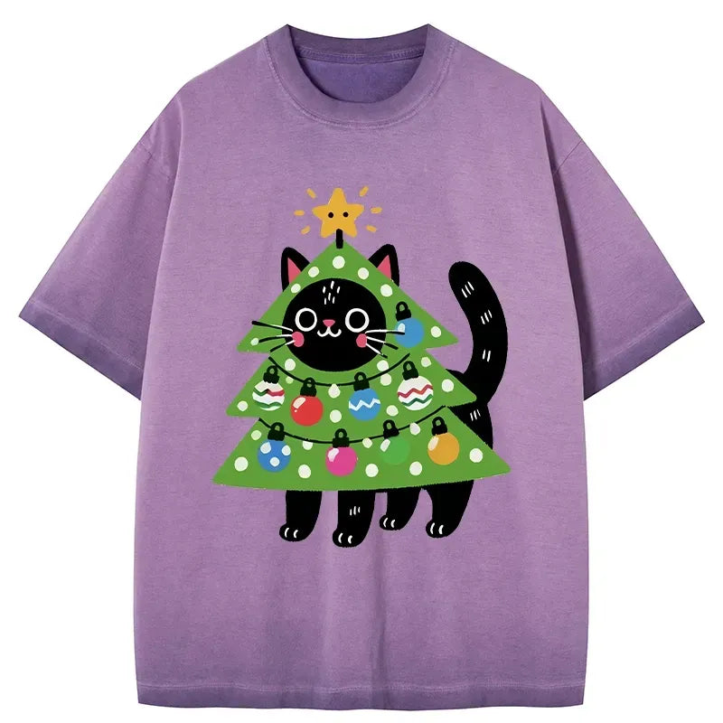 Kyoto-Lion Christmas Tree Cat Gradient Washed T-Shirt