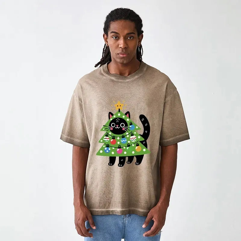 Kyoto-Lion Christmas Tree Cat Gradient Washed T-Shirt