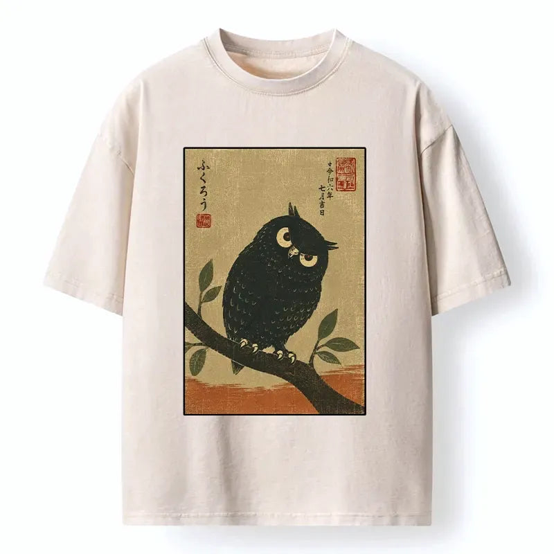Kyoto-Lion Traditional Black Owl Art Vibe Washed T-Shirt