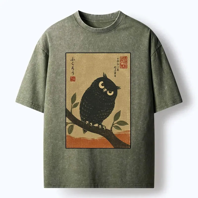 Kyoto-Lion Traditional Black Owl Art Vibe Washed T-Shirt