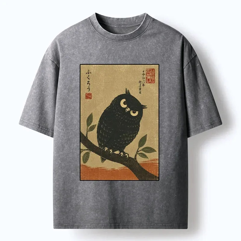 Kyoto-Lion Traditional Black Owl Art Vibe Washed T-Shirt