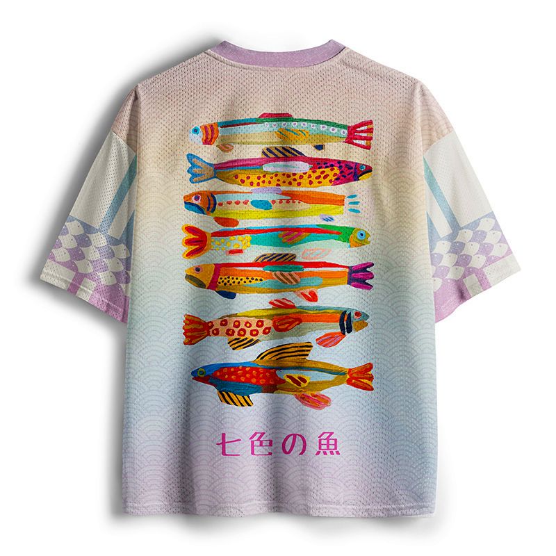 Kyoto-Lion Colorful Fish Folk Art Print Mesh Jersey