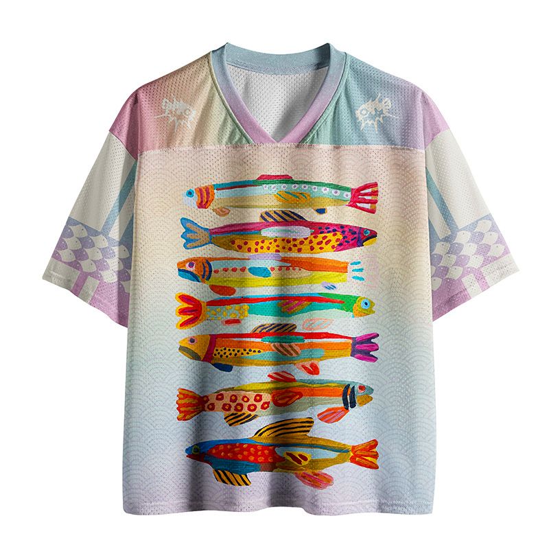 Vintage Japanese Fish Folk Art Print Mesh Jersey